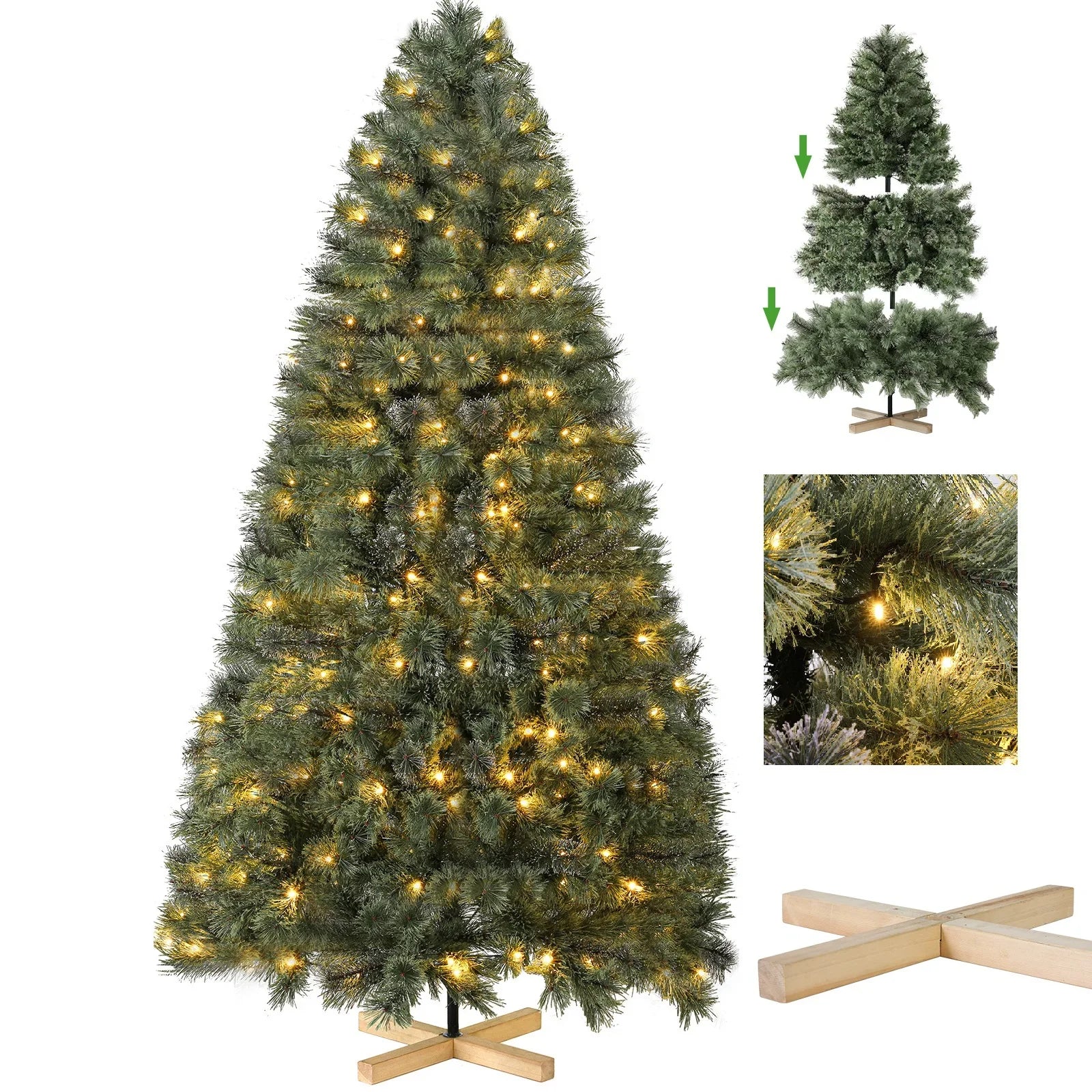 Kunstkerstboom 180-210cm | Met of Zonder LED Verlichting | PVC + Houten Standaard | Snelle Montage